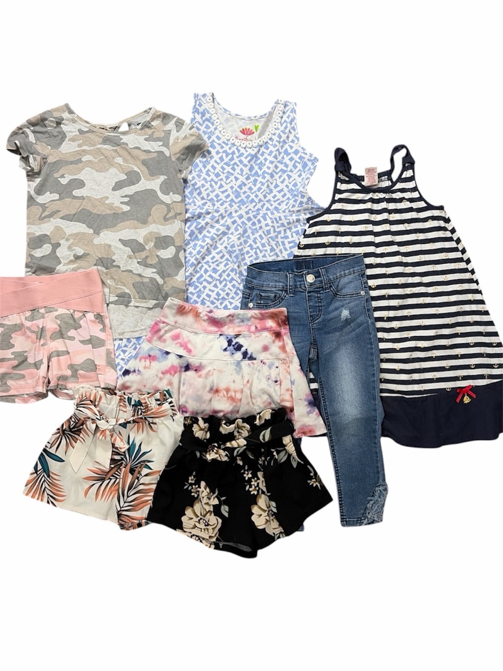 Girls Mixed 8-Piece Summer Tops & Bottoms Set - Blue, Pink, Black, Camouflage